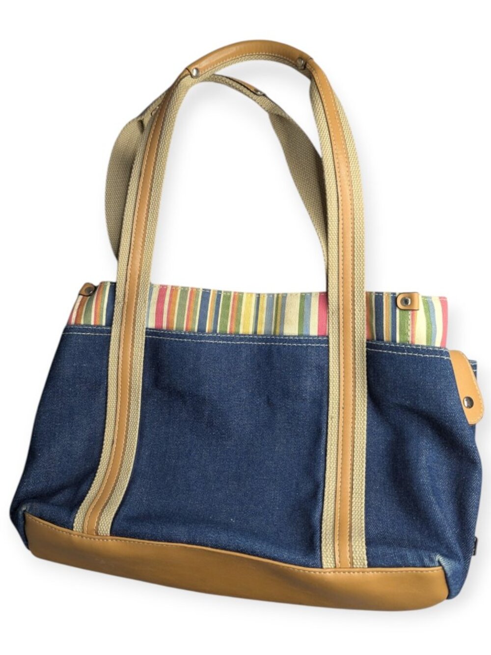 Denim & Tan Cotton Canvas Tote Multi-Stripe Trim Double Hand1es 3" x 9" x 5.5" - Picture 2 of 15